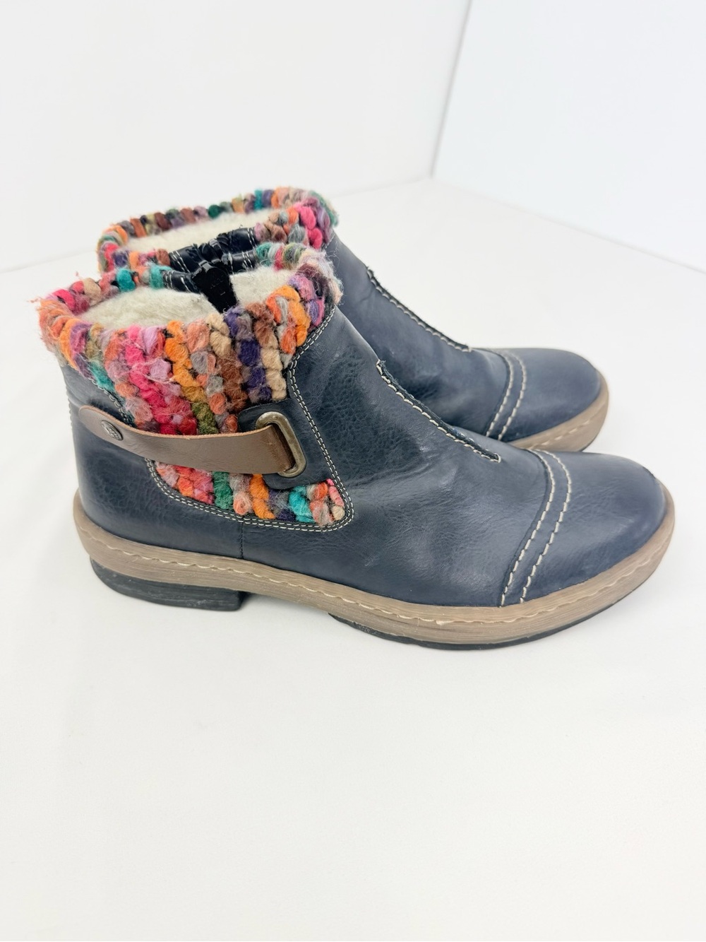 Rieker FELICITAS Ocean Blue Leather Multicolor Yarn Wool Fleece Zip Ankle Boots - Picture 7 of 16